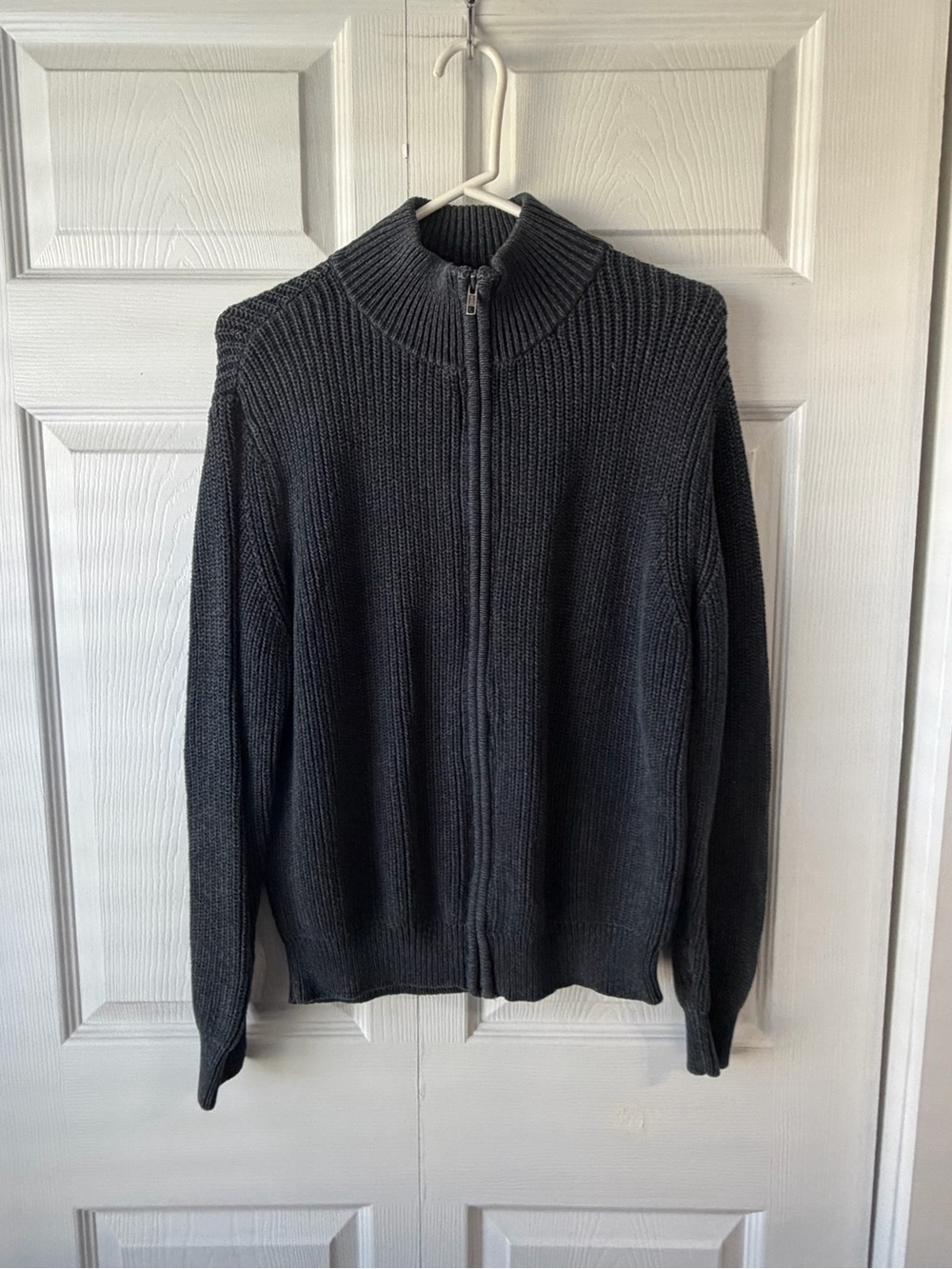 LL Bean Sweater Mens Medium Gray Cotton Fisherman Ribbed Full Zip Heritage